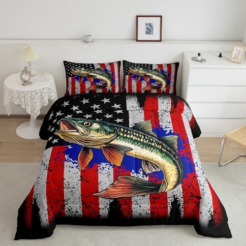 Bass Fish Comforter Sets Size for Boys Kids Teens,American Flag Fish Full Red - Picture 2 of 8
