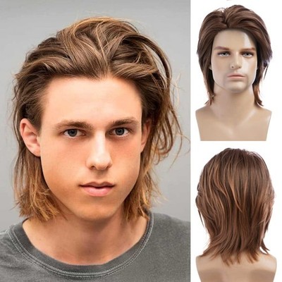 Brown Medium Length Layered Wig for Men Heat Resistant Synthetic Full Wig