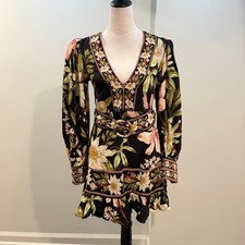 NEW Farm Rio Surreal Flowers Black Long Sleeve Mini Dress Belted Ruffle Hem XS