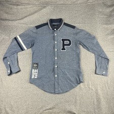 Beverley Hills Polo Club Shirt Men Size S Blue Varsity Logo Collar Button Office