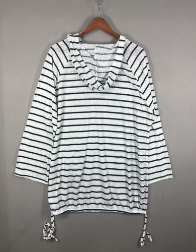 Kona Sol Swimsuit Cover Up Women's Large White Striped Pullover Hoodie Beach Sun - Picture 2 of 15