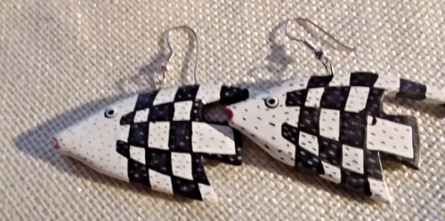 Earrings, New-wave checker FISH, lightweight wooden Artisan made, Tropical WILD