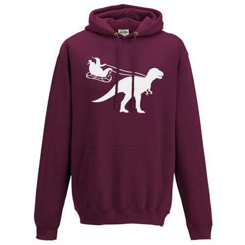 Santa Sleigh Dinosaur Hoodie - Funny T-Rex Jurassic Christmas Gift Hoody Top - Picture 7 of 7