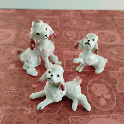 Vintage Poodles - set 3 - pretty white w pink ears -stamped- nice collectable