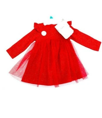 Ex F & F Girls Red Net Christmas Xmas Dress & Tights Outfit Age 9 12 18 24 Mths