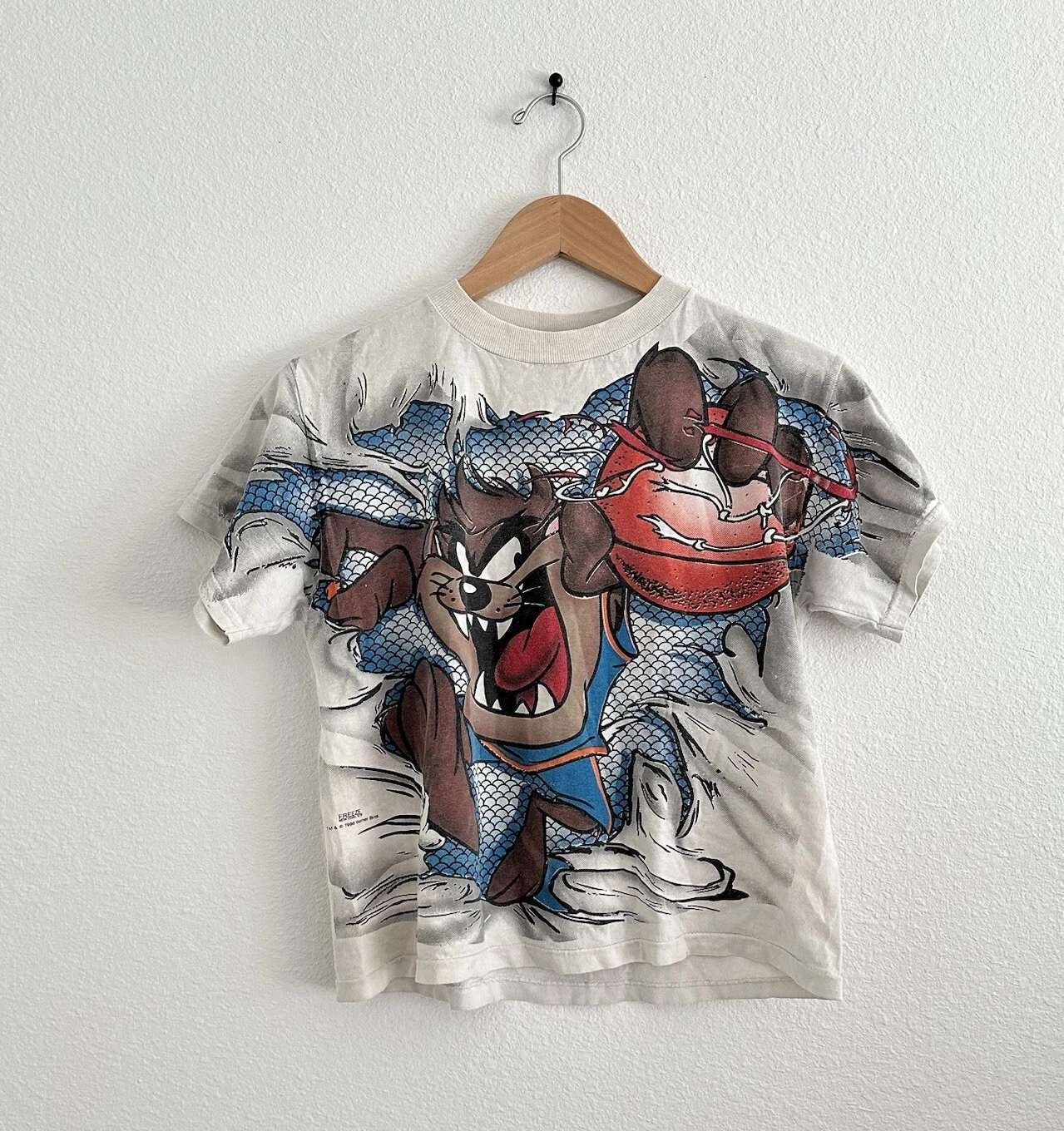 Vintage TAZ Fishing Shirt 1990s 1996 Looney Tunes Rare AOP Print Kids L