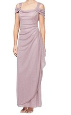 Alex Evenings Mauve Patty Dress Sparkle Draped Gown Cold-Shoulder Size 16 Wear