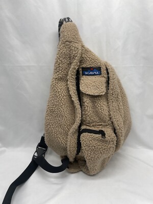 KAVU Rope Sling Sherpa Fleece Bag Tan Brown Fuzzy Carpet Backpack