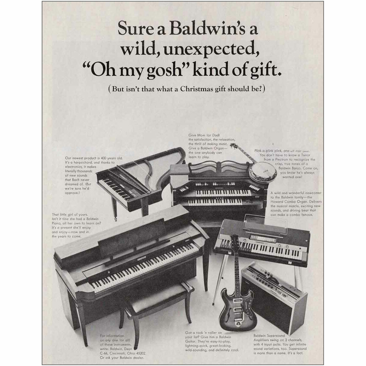 Baldwin: Wild, Unexpected O My Gosh 1966 tipo de regalo anuncio impreso vintage