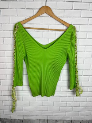 Green Ribbed V neck Lace up 3/4 Sleeves Sweater  Womens Small