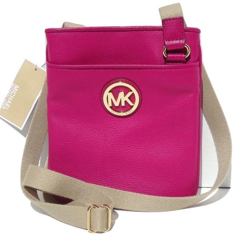 NEW Michael Kors FULTON Pebble Leather Crossbody Bag-Fuschia/Gold