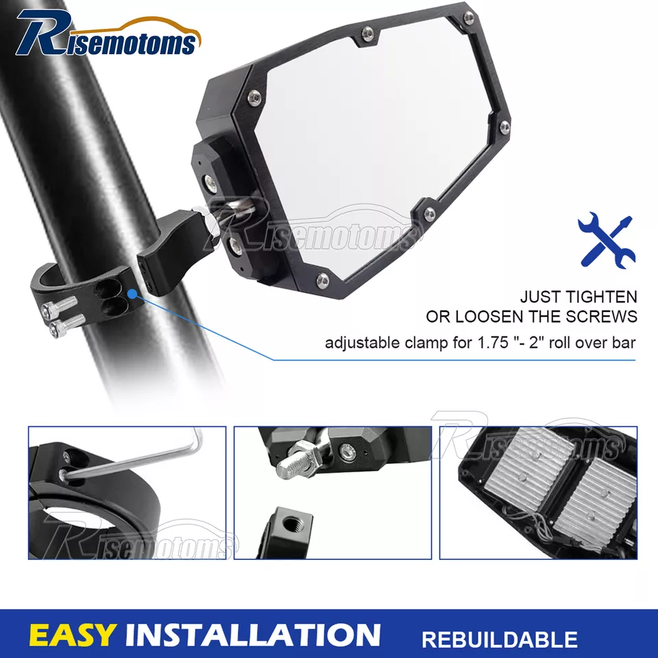 UTV 1.75"-2" Rear View Side Mirrors Kit with LED Rock Light For Polaris RZR XP - Image 4 of 4