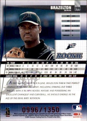 2002 Donruss Best of Fan Club Rookie #209 Dewon Brazelton /1350 Rays Numbered RC - Picture 2 of 2