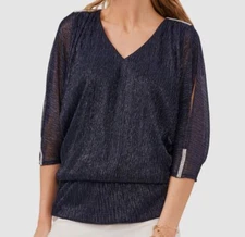 Msk Women's Blue Metallic Split Sleeve Crinkle Blouson Top Shirt Size XL