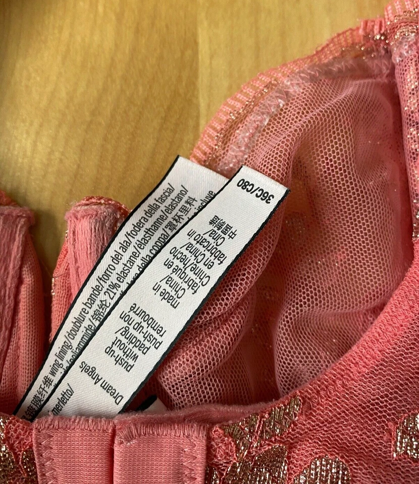 SUJETADOR DE ENCAJE FLORAL ROSA CORAL PUSH UP VICTORIA SECRET DREAM ANGELS 36C Foto 4 de 4