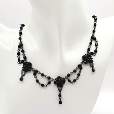 Black Faceted Crystal Bead Victorian Swag Style Dressy Costume Necklace 17 Inch