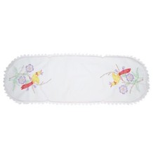 Vintage Hand Embroidered Table Runner Birds  Floral Design Lace Trim 40 in long