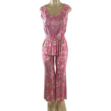 1970s Vintage Top Pants Set Womens Pink Geometric Print Tank Bell Bottom Disco