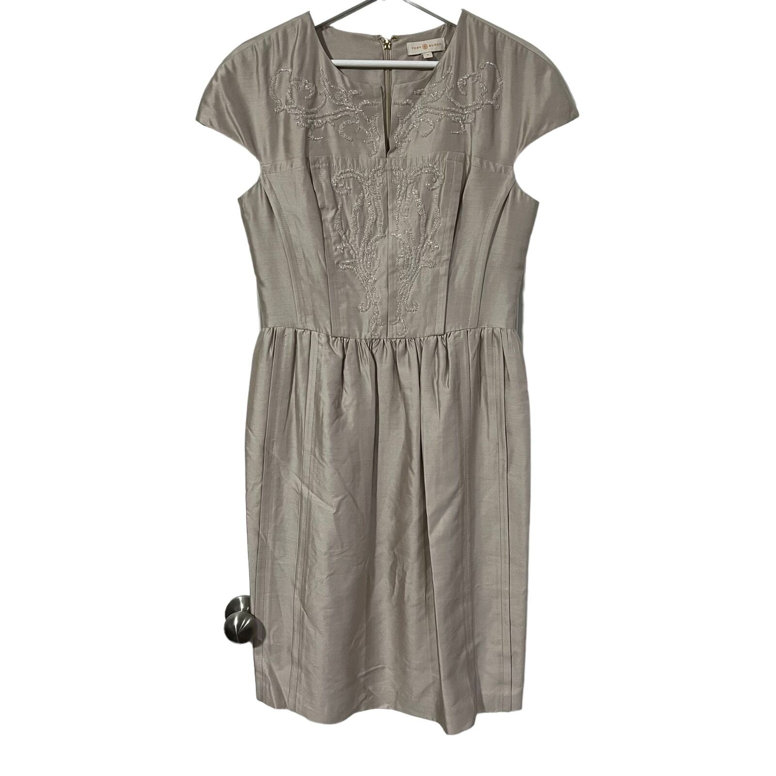 Tory Burch Size 8 Dress Jessie Silk Embellished Beaded Beige Cap Sleeve Women's