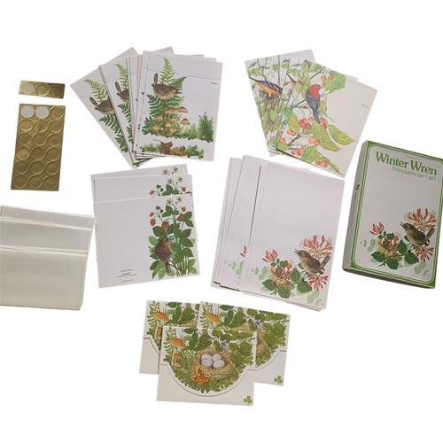 Vintage 70's Boxed Stationery Current Winter Wren Bird Mushroom 77 Piece Set