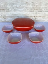 Vintage Pyrex Red Hostess Set with Lid – 1 Large + 4 Bowls MCM Chipped Lid