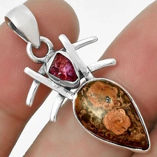 Poppy Jasper & Pink Tourmaline Rough 925 Sterling Silver Pendant Jewelry P-1046