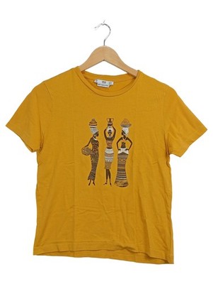 MANGO Basics Damen T-Shirt Gr. M Gelb Print 100% Bio-Baumwolle