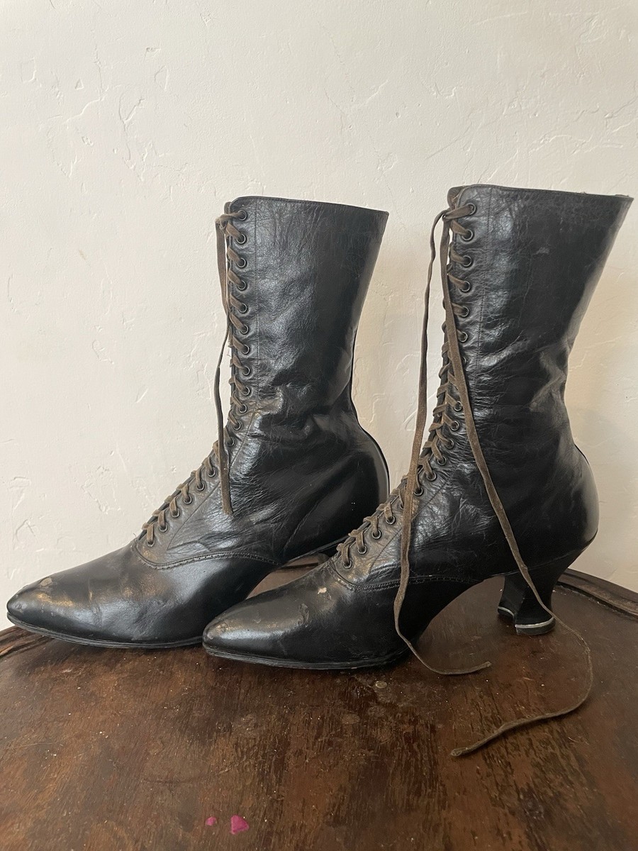 1800's VICTORIAN WOMENS SHOES BOOTS-Black Leather-19 Eye-Original