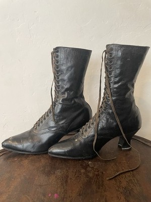 1111様 Victorianboots real leather 1800's VICTORIAN WOMENS SHOES BOOTS-Black Leather-19 Eye-Original