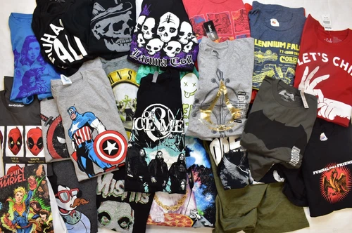 Lot of 25 New Mens Overstock Shirt Music/Marvel/Culture/Disney Shirts New Medium