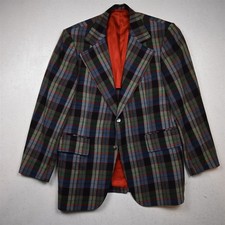 Vtg USA Made 38S Blue Green Red 100% Wool Plaid Mens Blazer Jacket Sport Coat