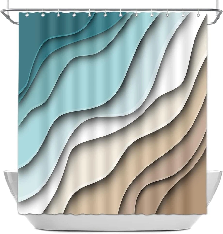 Cortina de Ducha Playa Abstracta 72W x 72L (Pack de 1), Azul Marrón  Foto 2 de 4