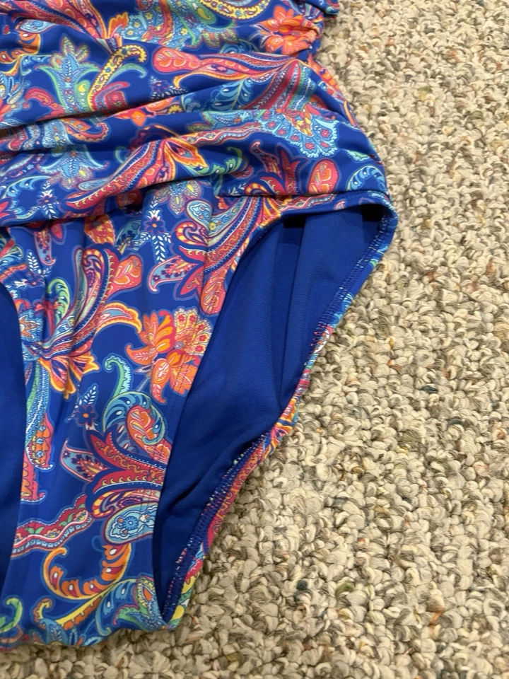 Traje de baño Lauren Ralph Lauren para mujer 4 azul rosa torcido top acanalado 1 pieza cachemira Foto 3 de 4