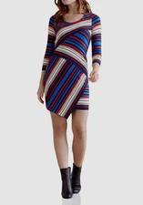 Bailey 44 Women's Blue Beige Asymmetric Tiered Striped Mini Dress Size M