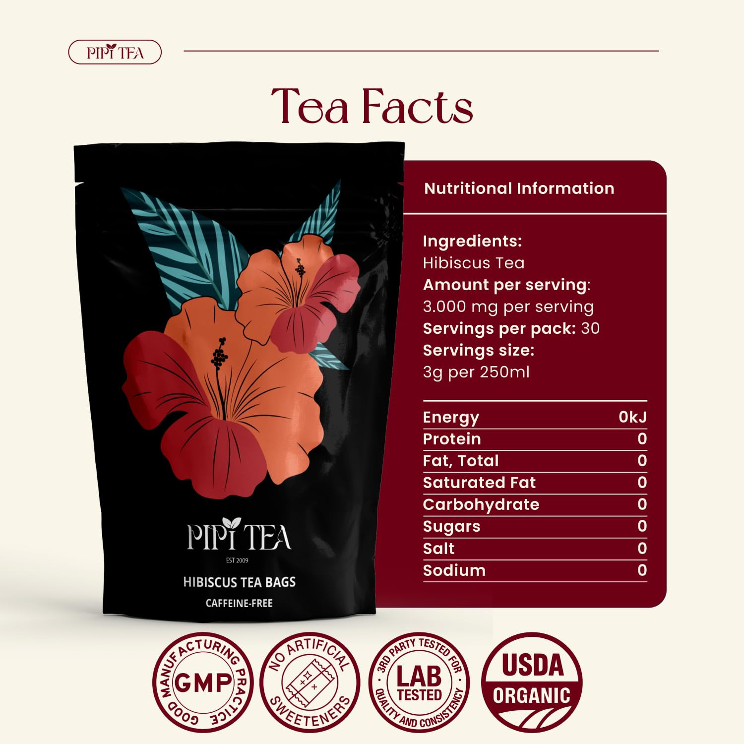 Organic Hibiscus Tea Bags &ndash; Caffeine Free Herbal Tea Rich in Antioxidants, Non-G
