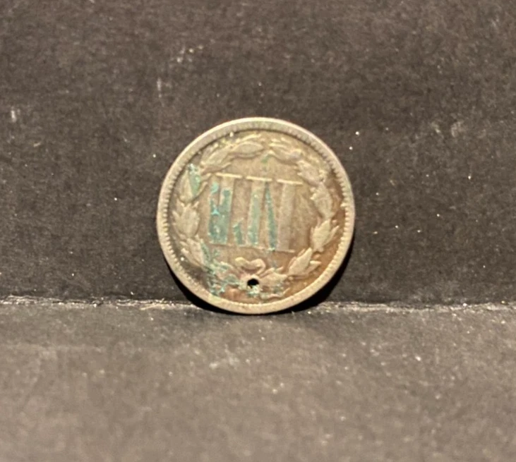 U.S.,1870, III Cent Nickel, circulated, holed - Image 3 of 4