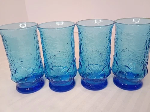 4 vintage Anchor Hocking "Rainflower" pattern tumblers in Laser Blue glass