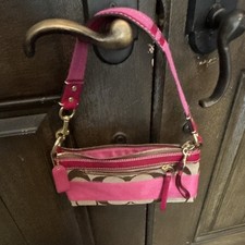Coach Signature Pink Brown Beige Small Wristlet Zip Closure Gold Logo Accent