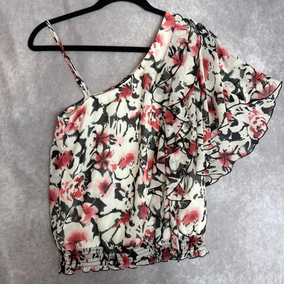 Vintage Y2K BCX Pink Black Floral Tiered One Shoulder Women's Top Size Small