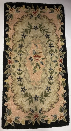 VTG Hand-Hooked Wool Rug Floral Medallion Pink Black Primitive Folk 22x44” A2