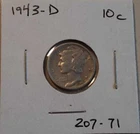 1943-D Mercury Dime 10c Denver Mint 90% Silver (#207-71) Winged Cap