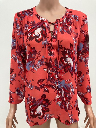 Lucky Brand Salmon Floral Lace up Front Sheer Blouse 3/4 Sleeve Size M - Picture 8 of 12