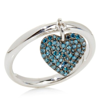 Rarities Sterling Silver 0.25cttw Blue Diamond Dangling Heart Charm Ring Size 8