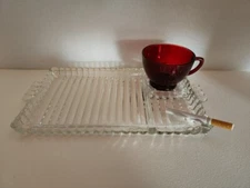 Hazel Atlas Glass Company Snack, Sip & Smoke Glass Tray Ruby Red Cup 4 settings