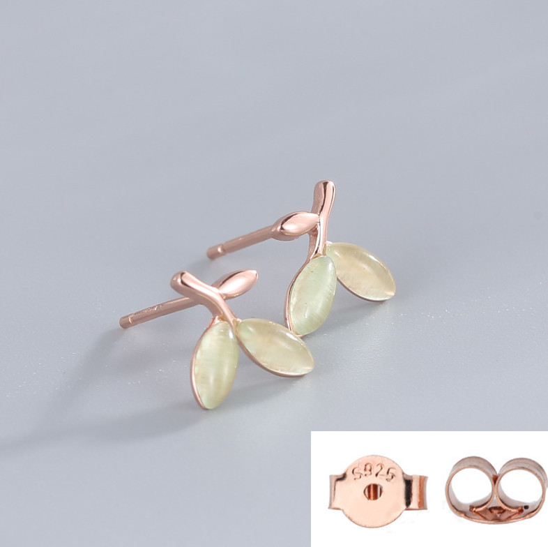 925 Sterling Silver Tiny Opal Olive Leaf Branch Stud Earrings Gift Box PE211A