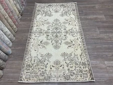 4x7 Floral Beige Brown Turkish Carpet, Handmade Traditional Vintage Wool Rug