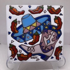 Earthtones Cowboy Hat & Boot 6”x6” 1995 Vintage. #4889W. Tucson, AZ.  Krit.