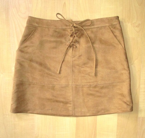 NWT LC Lauren Conrad Camel Brown Faux Suede A-Line Skirt Hand Pockets Lace Up 12 - Picture 5 of 7
