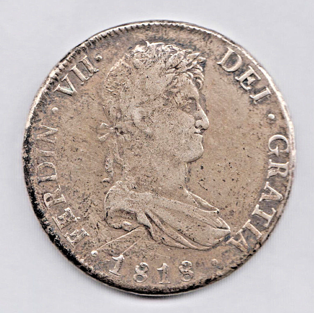 🔴BOLIVIA 8 Reales 1818 VF POTOSI PJ FERDINAND VII 26.90 g SILVER
