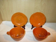 Early Vintage JUGTOWN WARE Pottery Orange Glazed 2 Cups & 2 Saucers Coffee Set